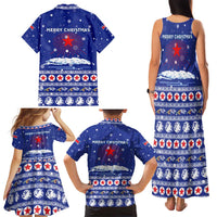 North Korea Christmas Family Matching Tank Maxi Dress and Hawaiian Shirt with Blue Pattern, Red Star, and Snowy Mountain Motif - Wonder Print Shop