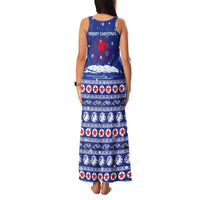 North Korea Christmas Family Matching Tank Maxi Dress and Hawaiian Shirt with Blue Pattern, Red Star, and Snowy Mountain Motif - Wonder Print Shop