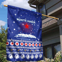 North Korea Christmas Garden Flag with Blue Pattern, Red Star, and Snowy Mountain Motif - Wonder Print Shop