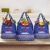 North Korea Christmas Grocery Bag with Blue Pattern, Red Star, and Snowy Mountain Motif - Wonder Print Shop