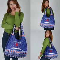 North Korea Christmas Grocery Bag with Blue Pattern, Red Star, and Snowy Mountain Motif - Wonder Print Shop