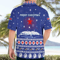 North Korea Christmas Hawaiian Shirt with Blue Pattern, Red Star, and Snowy Mountain Motif - Wonder Print Shop