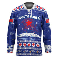 North Korea Christmas Hockey Jersey with Blue Pattern, Red Star, and Snowy Mountain Motif - Wonder Print Shop