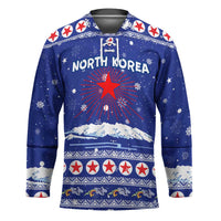 North Korea Christmas Hockey Jersey with Blue Pattern, Red Star, and Snowy Mountain Motif - Wonder Print Shop