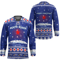 North Korea Christmas Hockey Jersey with Blue Pattern, Red Star, and Snowy Mountain Motif - Wonder Print Shop