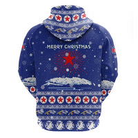 North Korea Christmas Hoodie with Blue Pattern, Red Star, and Snowy Mountain Motif - Wonder Print Shop