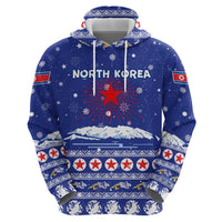 North Korea Christmas Hoodie with Blue Pattern, Red Star, and Snowy Mountain Motif - Wonder Print Shop