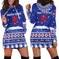 North Korea Christmas Hoodie Dress with Blue Pattern, Red Star, and Snowy Mountain Motif - Wonder Print Shop