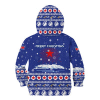 North Korea Christmas Kid Hoodie with Blue Pattern, Red Star, and Snowy Mountain Motif - Wonder Print Shop