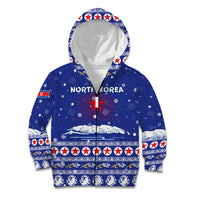 North Korea Christmas Kid Hoodie with Blue Pattern, Red Star, and Snowy Mountain Motif - Wonder Print Shop