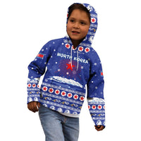 North Korea Christmas Kid Hoodie with Blue Pattern, Red Star, and Snowy Mountain Motif - Wonder Print Shop