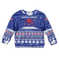 North Korea Christmas Kid Ugly Christmas Sweater with Blue Pattern, Red Star, and Snowy Mountain Motif - Wonder Print Shop