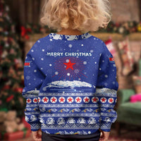 North Korea Christmas Kid Ugly Christmas Sweater with Blue Pattern, Red Star, and Snowy Mountain Motif - Wonder Print Shop