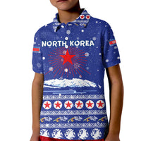 North Korea Christmas Kid Polo Shirt with Blue Pattern, Red Star, and Snowy Mountain Motif - Wonder Print Shop