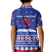 North Korea Christmas Kid Polo Shirt with Blue Pattern, Red Star, and Snowy Mountain Motif - Wonder Print Shop