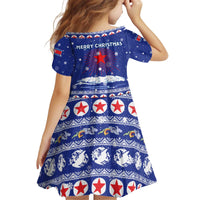 North Korea Christmas Kid Short Sleeve Dress with Blue Pattern, Red Star, and Snowy Mountain Motif - Wonder Print Shop
