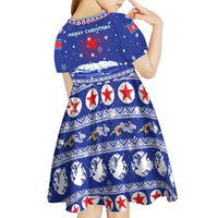 North Korea Christmas Kid Short Sleeve Dress with Blue Pattern, Red Star, and Snowy Mountain Motif - Wonder Print Shop