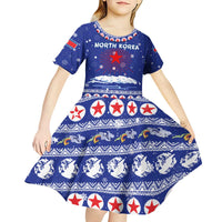 North Korea Christmas Kid Short Sleeve Dress with Blue Pattern, Red Star, and Snowy Mountain Motif - Wonder Print Shop