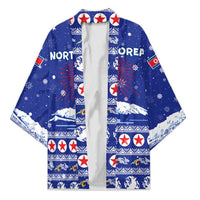 North Korea Christmas Kimono with Blue Pattern, Red Star, and Snowy Mountain Motif - Wonder Print Shop