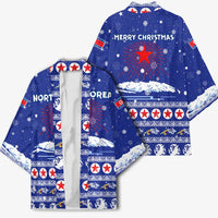 North Korea Christmas Kimono with Blue Pattern, Red Star, and Snowy Mountain Motif - Wonder Print Shop