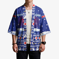 North Korea Christmas Kimono with Blue Pattern, Red Star, and Snowy Mountain Motif - Wonder Print Shop