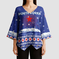 North Korea Christmas Kimono Sleeve Blouse with Blue Pattern, Red Star, and Snowy Mountain Motif - Wonder Print Shop
