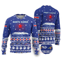 North Korea Christmas Ugly Christmas Sweater with Blue Pattern, Red Star, and Snowy Mountain Motif - Wonder Print Shop