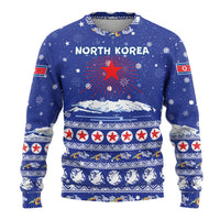 North Korea Christmas Ugly Christmas Sweater with Blue Pattern, Red Star, and Snowy Mountain Motif - Wonder Print Shop
