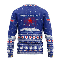 North Korea Christmas Ugly Christmas Sweater with Blue Pattern, Red Star, and Snowy Mountain Motif - Wonder Print Shop