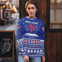 North Korea Christmas Ugly Christmas Sweater with Blue Pattern, Red Star, and Snowy Mountain Motif - Wonder Print Shop