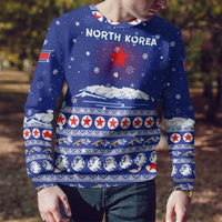 North Korea Christmas Ugly Christmas Sweater with Blue Pattern, Red Star, and Snowy Mountain Motif - Wonder Print Shop