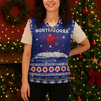North Korea Christmas Knitted V-Neck Vest with Blue Pattern, Red Star, and Snowy Mountain Motif - Wonder Print Shop