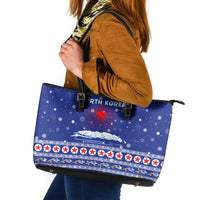 North Korea Christmas Leather Tote Bag with Blue Pattern, Red Star, and Snowy Mountain Motif - Wonder Print Shop