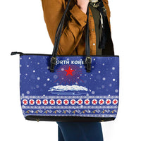 North Korea Christmas Leather Tote Bag with Blue Pattern, Red Star, and Snowy Mountain Motif - Wonder Print Shop