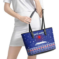North Korea Christmas Leather Tote Bag with Blue Pattern, Red Star, and Snowy Mountain Motif - Wonder Print Shop