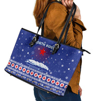 North Korea Christmas Leather Tote Bag with Blue Pattern, Red Star, and Snowy Mountain Motif - Wonder Print Shop