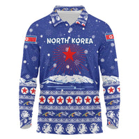North Korea Christmas Long Sleeve Polo Shirt with Blue Pattern, Red Star, and Snowy Mountain Motif - Wonder Print Shop