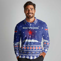 North Korea Christmas Long Sleeve Polo Shirt with Blue Pattern, Red Star, and Snowy Mountain Motif - Wonder Print Shop