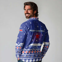 North Korea Christmas Long Sleeve Polo Shirt with Blue Pattern, Red Star, and Snowy Mountain Motif - Wonder Print Shop
