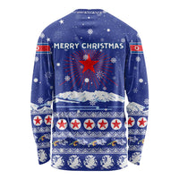 North Korea Christmas Long Sleeve Shirt with Blue Pattern, Red Star, and Snowy Mountain Motif - Wonder Print Shop