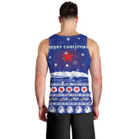 North Korea Christmas Men Tank Top with Blue Pattern, Red Star, and Snowy Mountain Motif - Wonder Print Shop