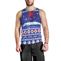 North Korea Christmas Men Tank Top with Blue Pattern, Red Star, and Snowy Mountain Motif - Wonder Print Shop