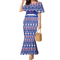 North Korea Christmas Mermaid Dress with Blue Pattern, Red Star, and Snowy Mountain Motif - Wonder Print Shop