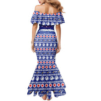 North Korea Christmas Mermaid Dress with Blue Pattern, Red Star, and Snowy Mountain Motif - Wonder Print Shop