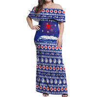 North Korea Christmas Off Shoulder Maxi Dress with Blue Pattern, Red Star, and Snowy Mountain Motif - Wonder Print Shop