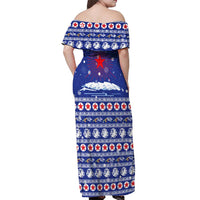 North Korea Christmas Off Shoulder Maxi Dress with Blue Pattern, Red Star, and Snowy Mountain Motif - Wonder Print Shop