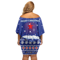 North Korea Christmas Off Shoulder Short Dress with Blue Pattern, Red Star, and Snowy Mountain Motif - Wonder Print Shop