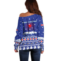 North Korea Christmas Off Shoulder Sweater with Blue Pattern, Red Star, and Snowy Mountain Motif - Wonder Print Shop