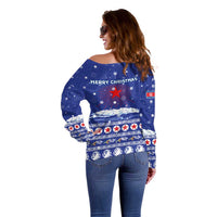 North Korea Christmas Off Shoulder Sweater with Blue Pattern, Red Star, and Snowy Mountain Motif - Wonder Print Shop