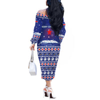 North Korea Christmas Off The Shoulder Long Sleeve Dress with Blue Pattern, Red Star, and Snowy Mountain Motif - Wonder Print Shop